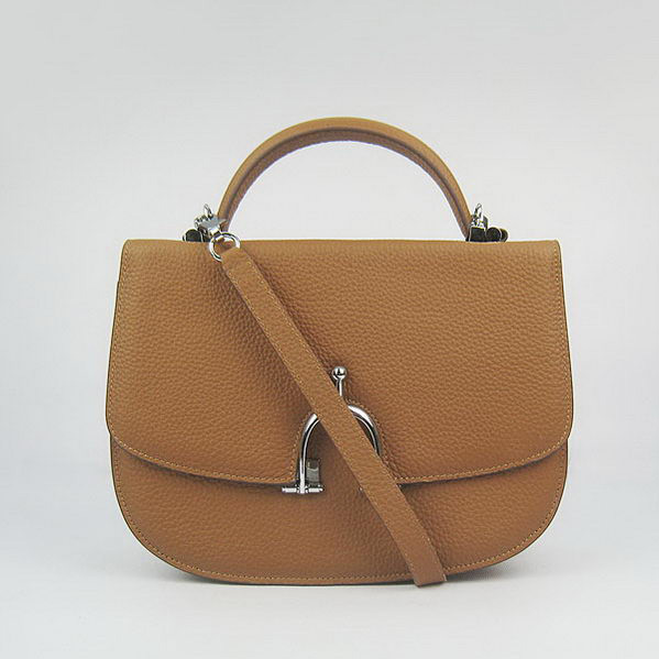 H8088 Hermes Stirrup Borsa a tracolla in pelle di vitello Camel Argento